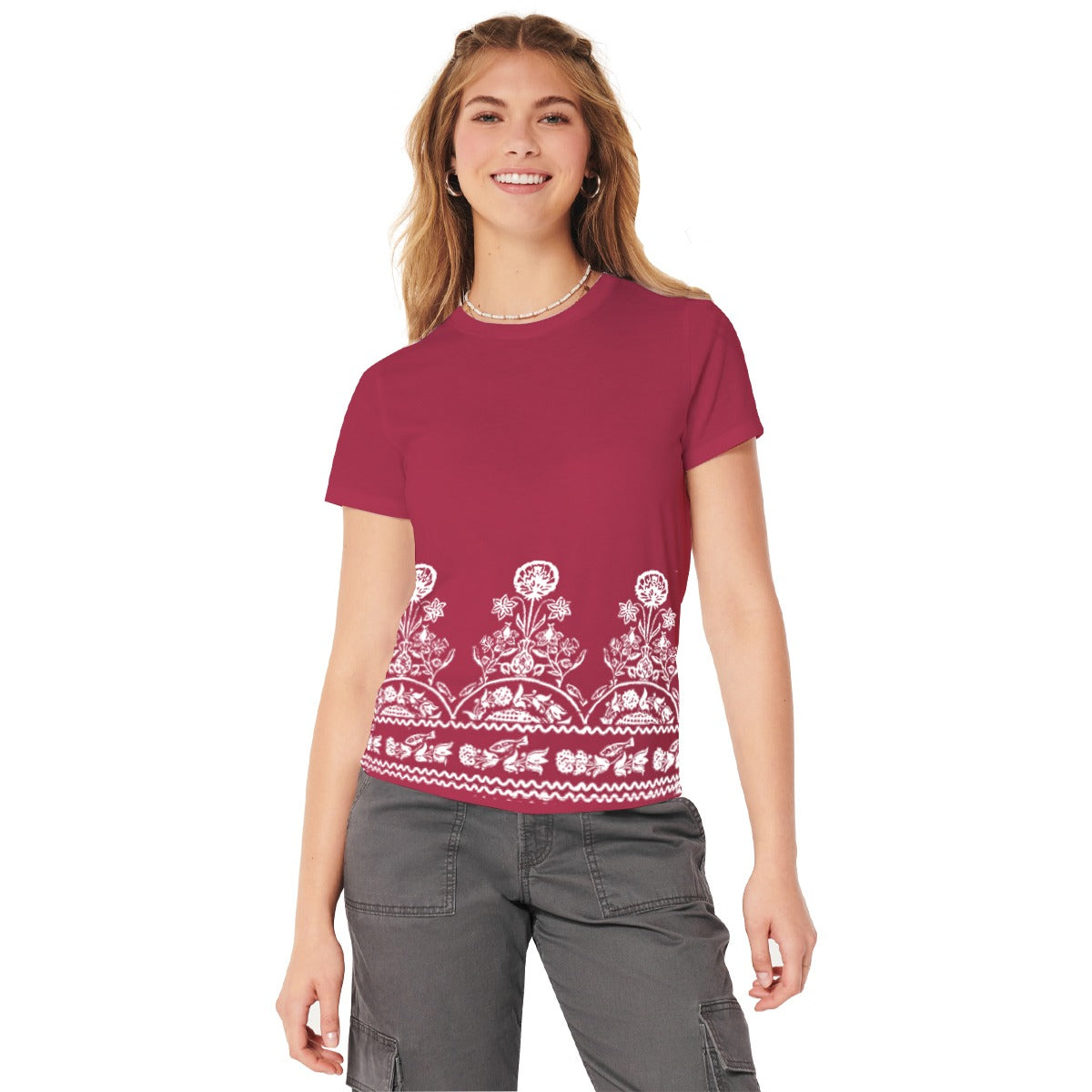 Women Floral Printed Tee Shirt - Burgundy