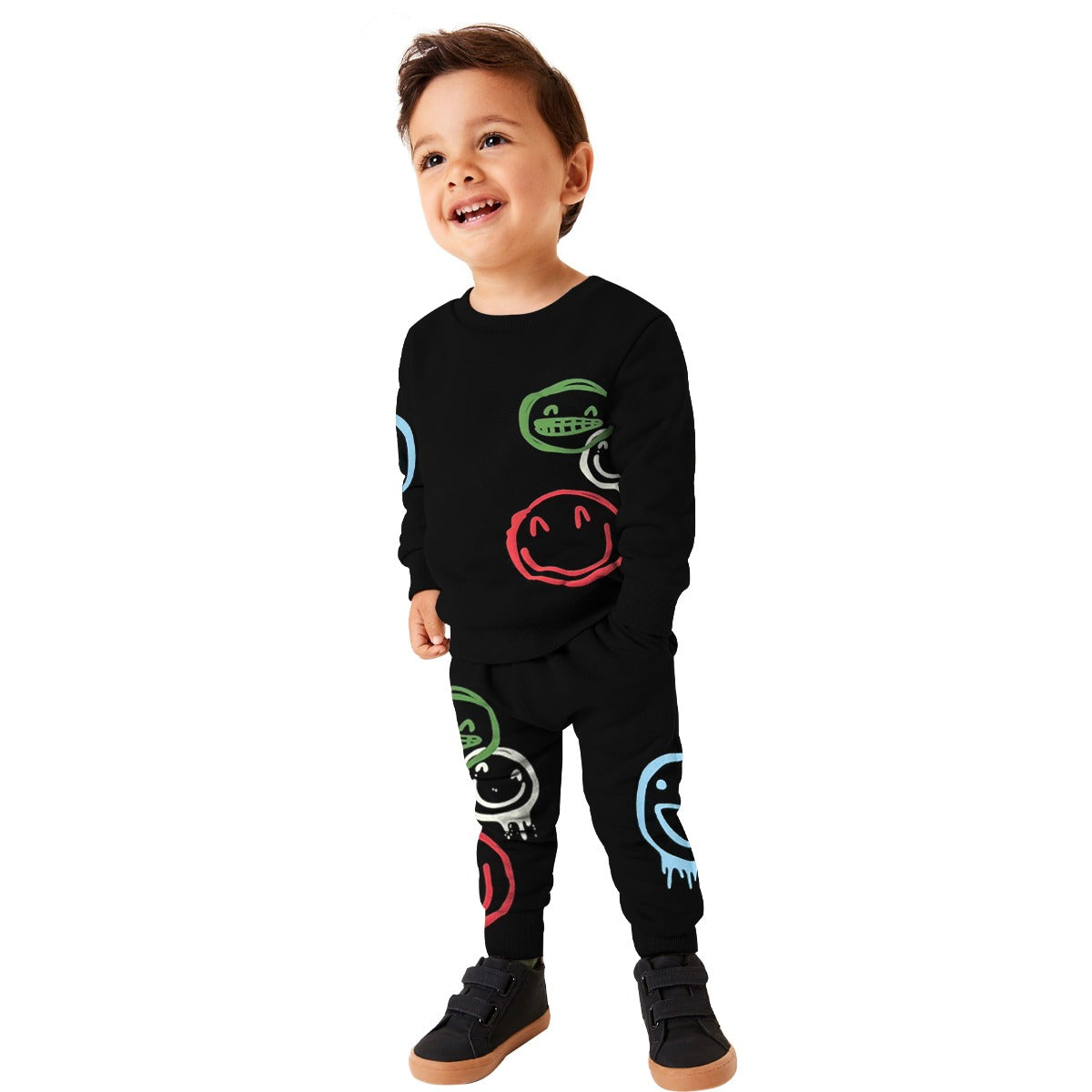 Unisex Smile Emoji Printed Twin Set - Black