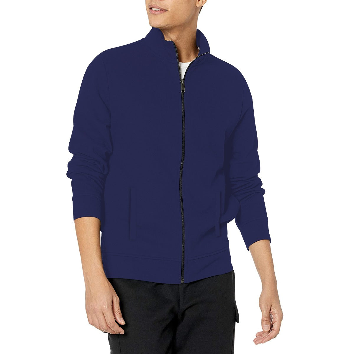 Hangree Solid Fleece Mock Neck Zipper Jacket - Navy