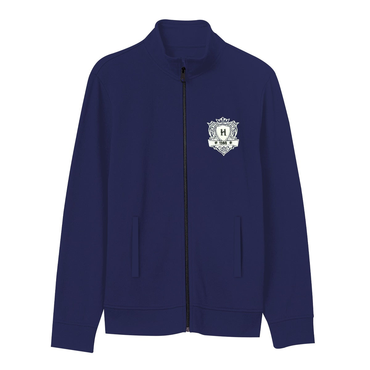 Mock Neck Fleece Zipper Jacket With Badge - Navy