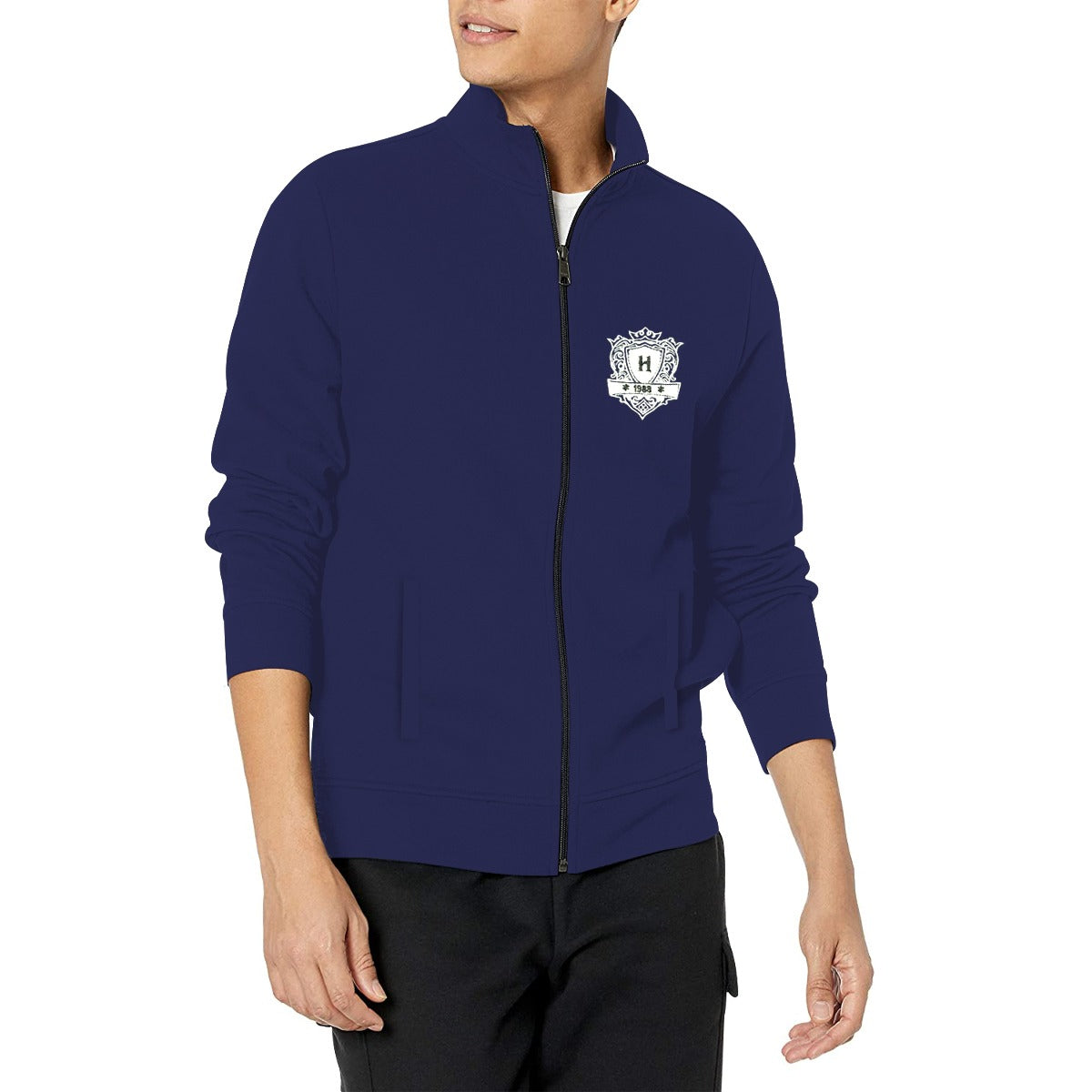 Mock Neck Fleece Zipper Jacket With Badge - Navy