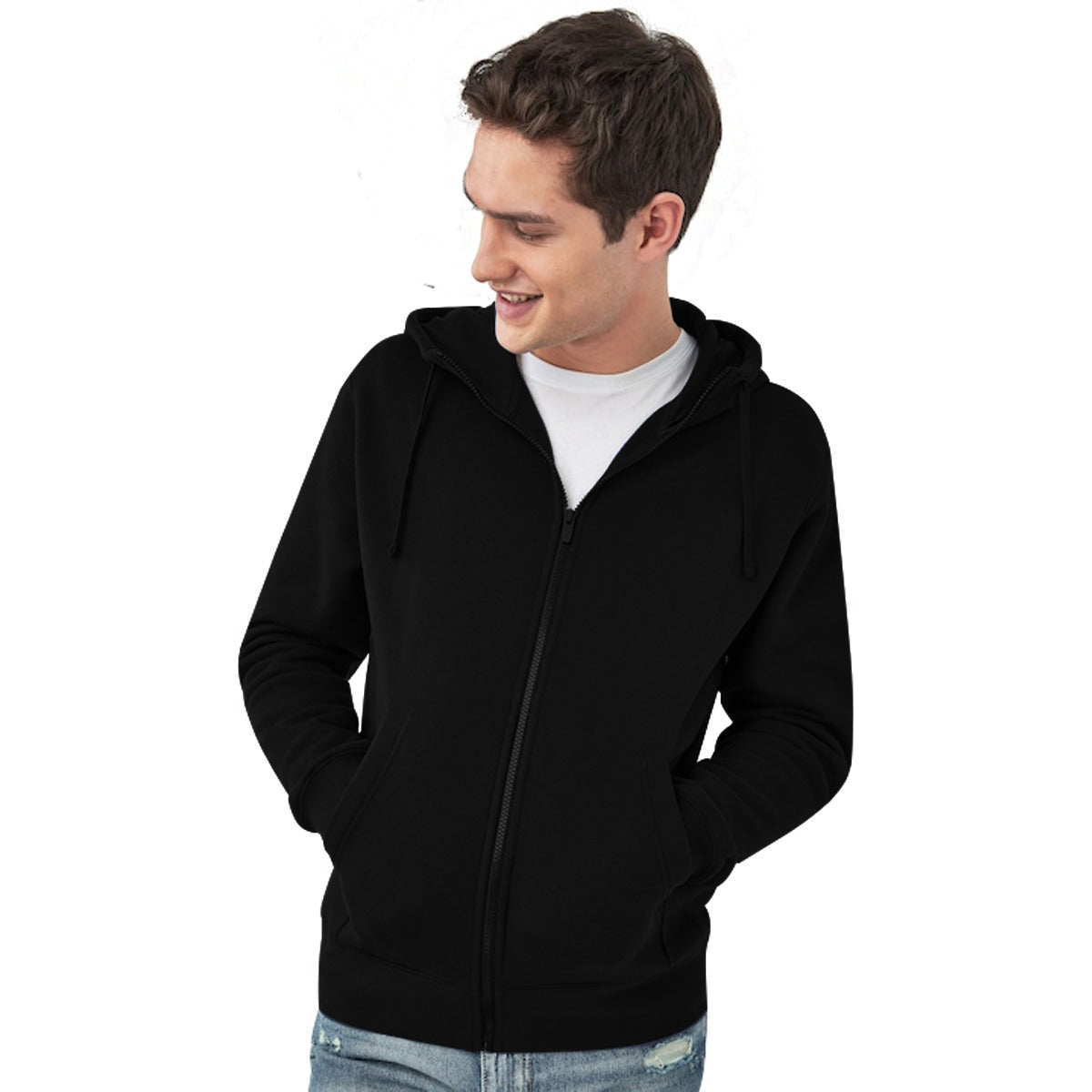 Men Plain Fleece Zip Up Hoodie - Black