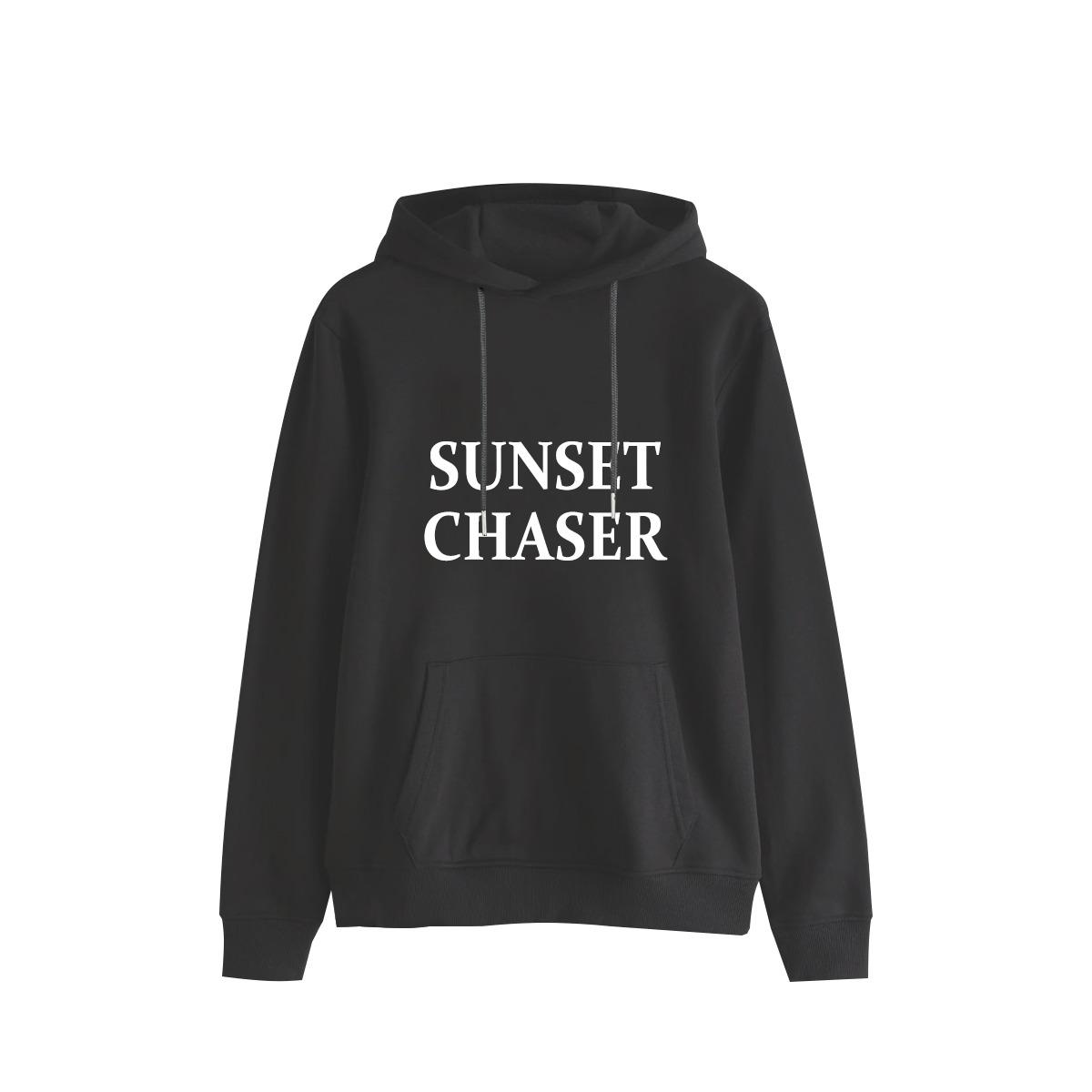 Exclusive "Sunset Chaser" Printed Pull Over Fleece Hoodie - Gray Black