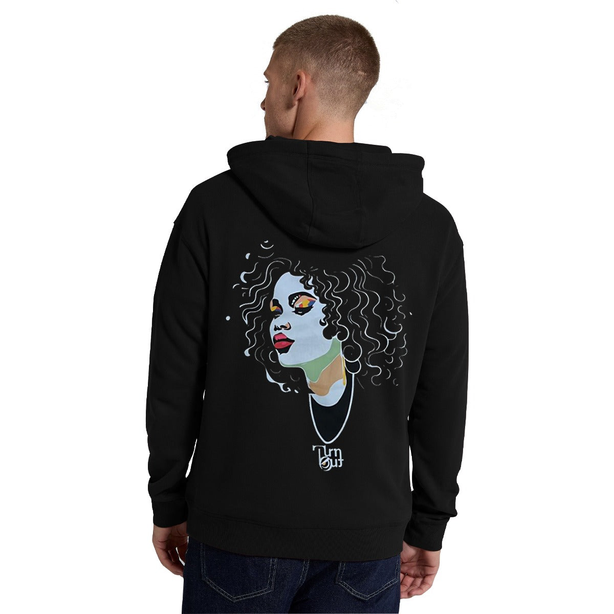 T/O Graphic Printed Drop Shoulder Fleece Hoodie - Black