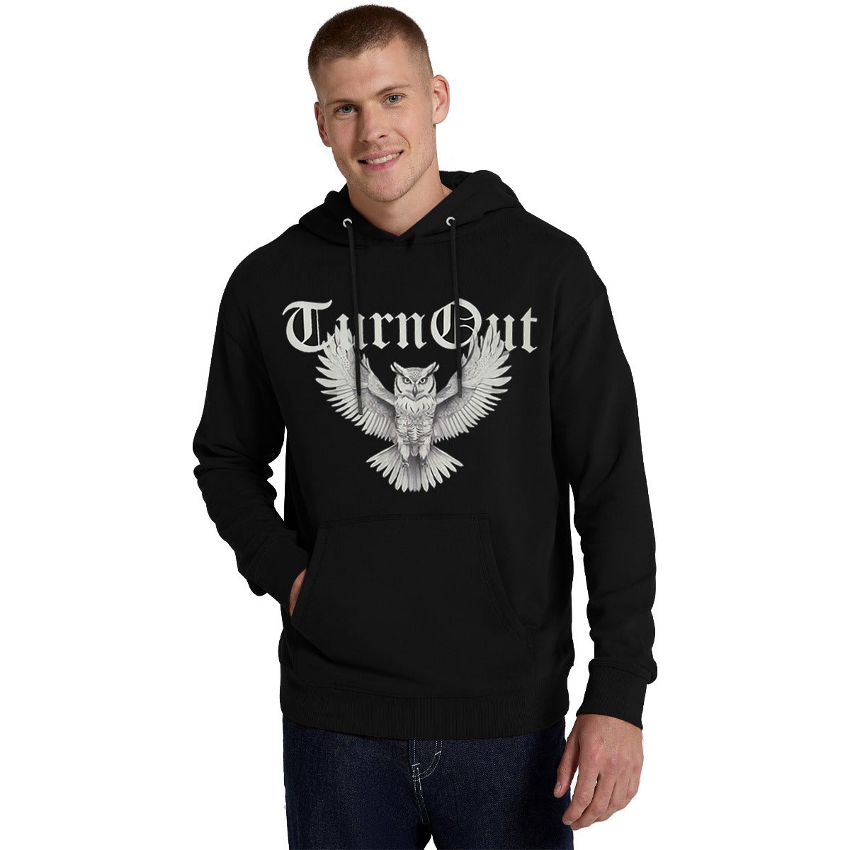 T/O Graphic Printed Drop Shoulder Fleece Hoodie - Black