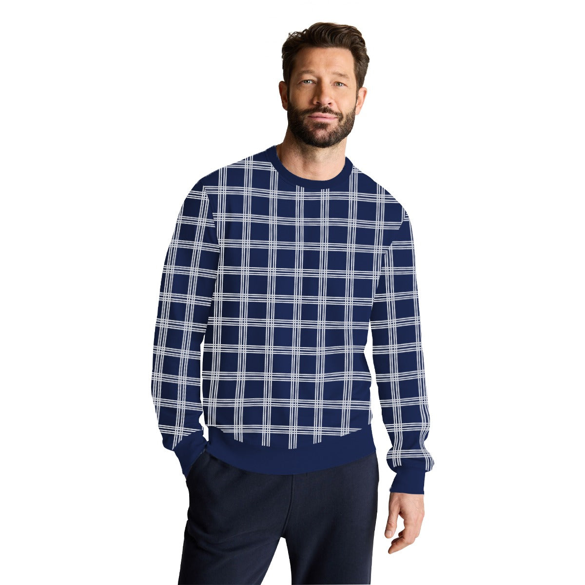 Men Exclusive Check Pattern Fleece Sweat Shirt - Navy