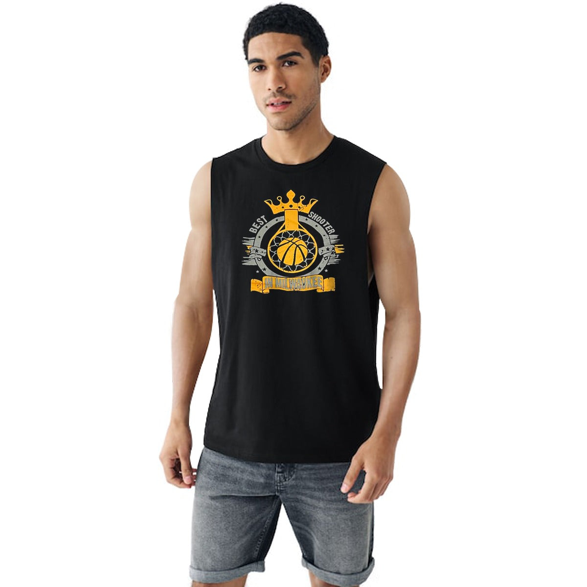 Graphic Printed Sleeveless Tee Shirt - Black