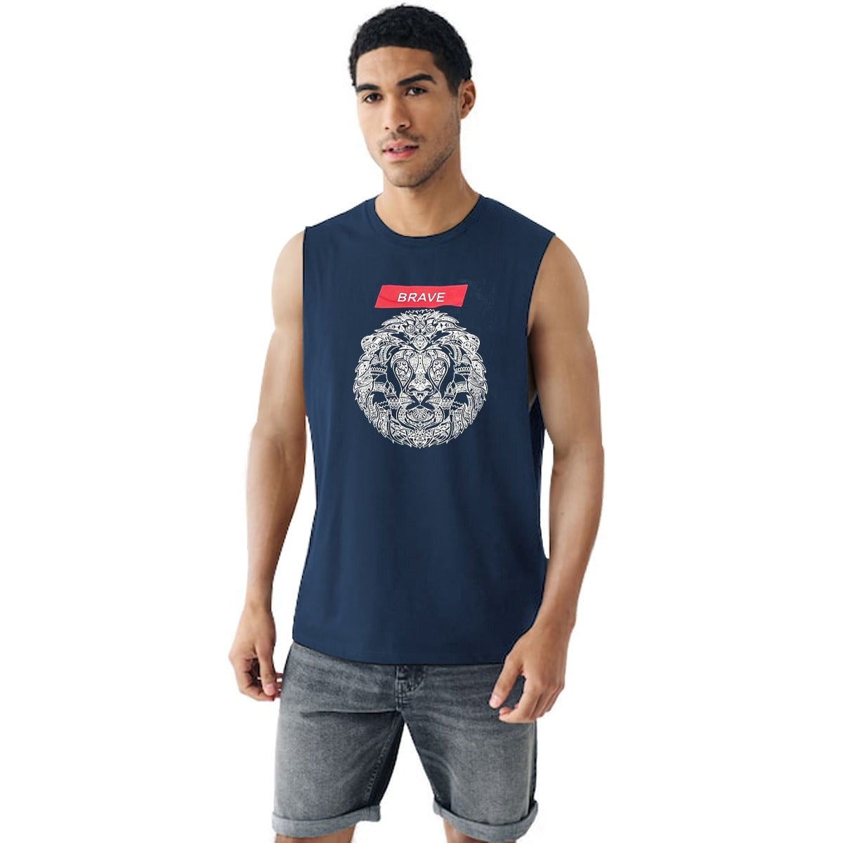 Graphic Printed Sleeveless Tee Shirt - Navy