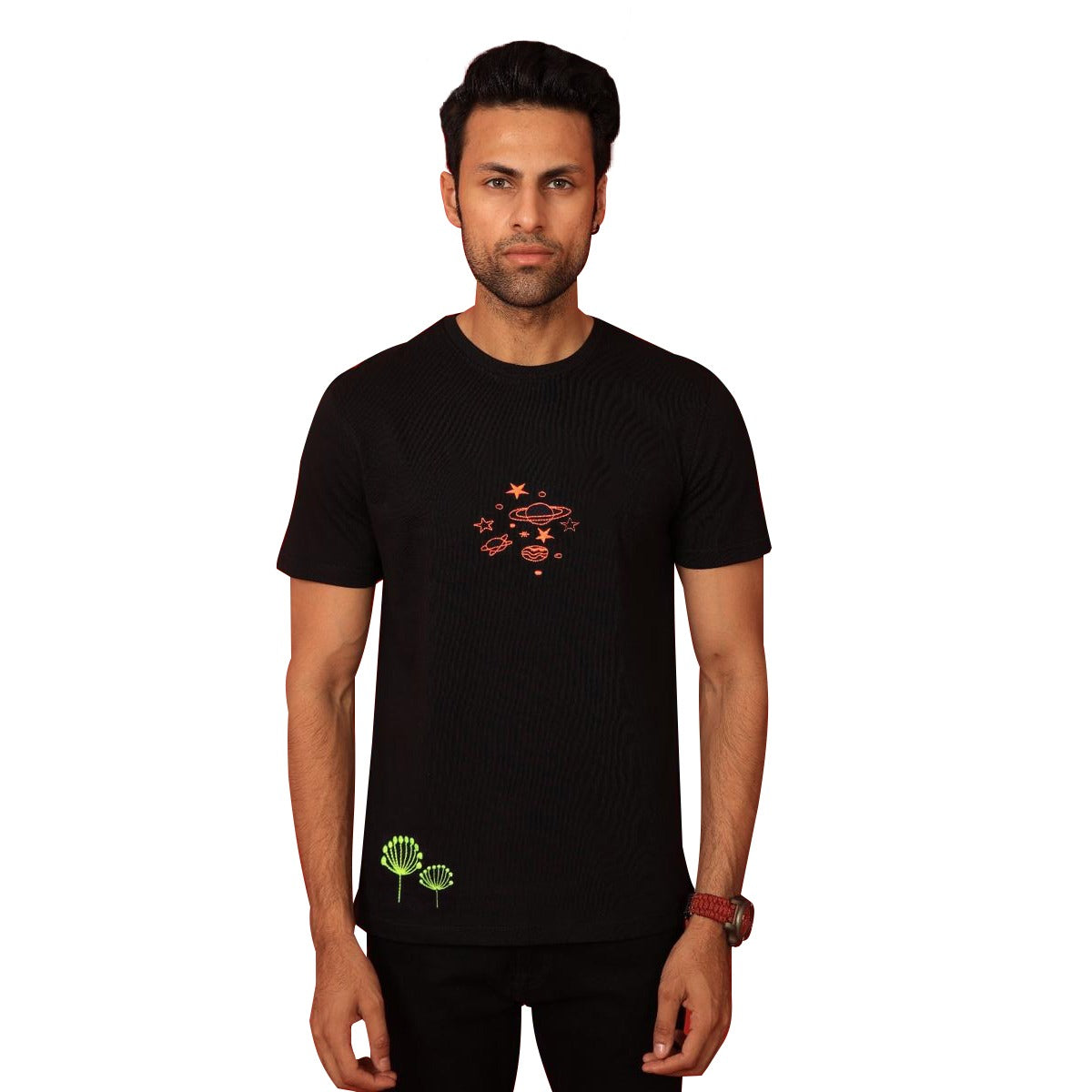 Galaxy Embroidered Men Tee Shirt - Black