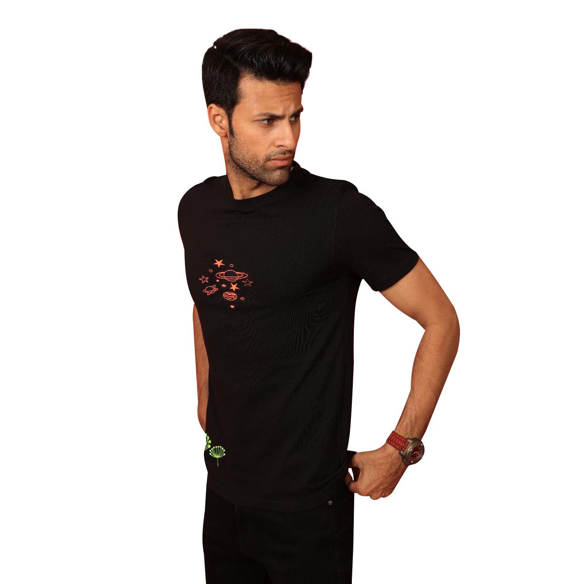 Galaxy Embroidered Men Tee Shirt - Black