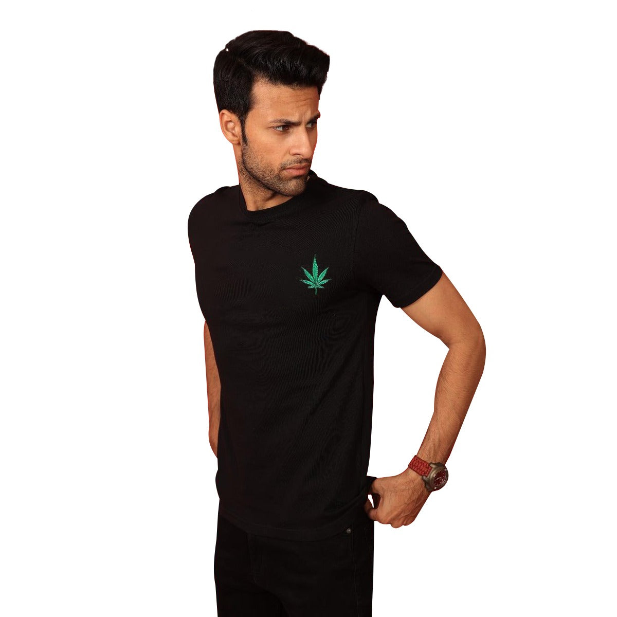 Leaf Embroidered Men Tee Shirt - Black