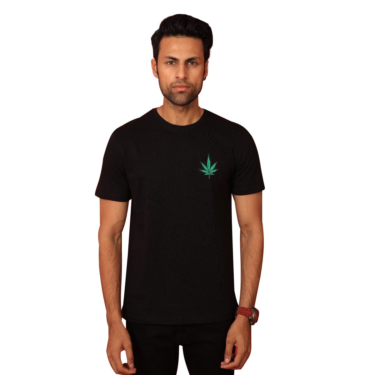 Leaf Embroidered Men Tee Shirt - Black