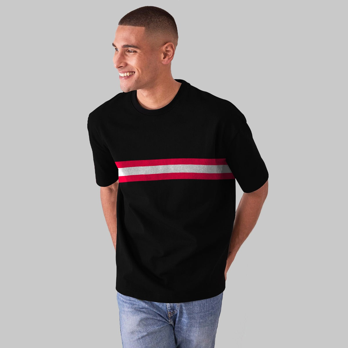 Men Chest Fashion Ribbon Tee Shirt - Black