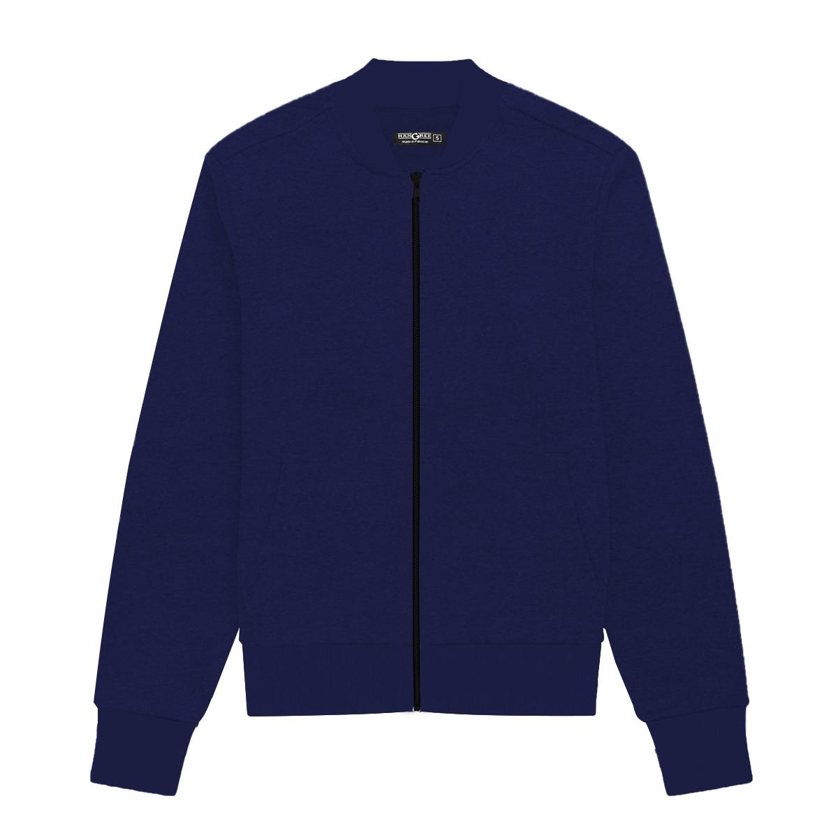 Hangree Solid Fleece Bomber Zipper Jacket - Navy